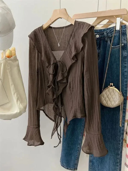 Blouses for Women Chemise Femme Women's Ruffled Flared Shirts Blusas Femininas Elegantes Y2k Tops Vintage Spring Shirt Thin Coat