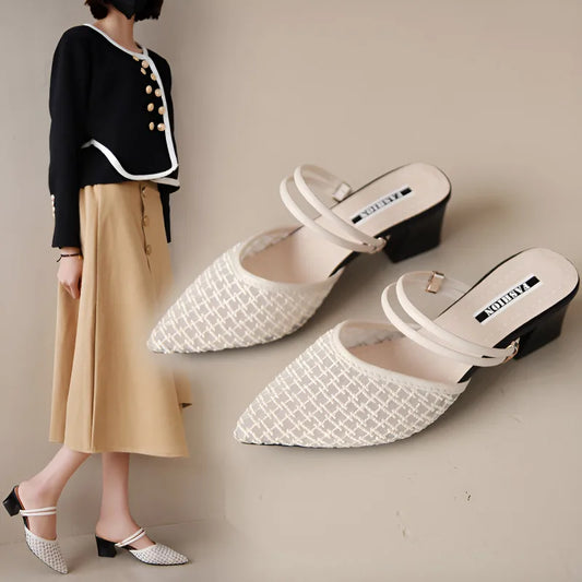 Women's New Slippers Minimalist Fashionable Thick-heeled Slip-on Sandals Summer Two-way Outer Wear One Line High Heel Slippers
