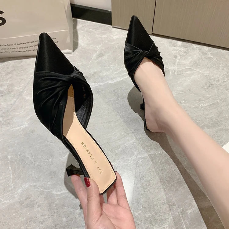Women's Open-Toe Pointed Toe Slippers f Slippers Summer High Heel Thin Heel Outdoor Wear Korean Sle PU Material