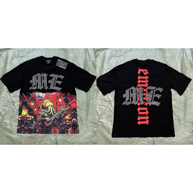 Men's Clothing MIXED EMOTION T-shirts American Streetwear Interesting Angel Print Hot Drill Letter Logo Top Tee Short Sleeve