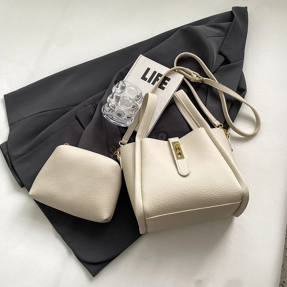 Bucket Bag for Women Magnetic Closure Shoulder Bag PU Leather with Inner Bag Crossbody Bag Solid Handbag for Work Travel