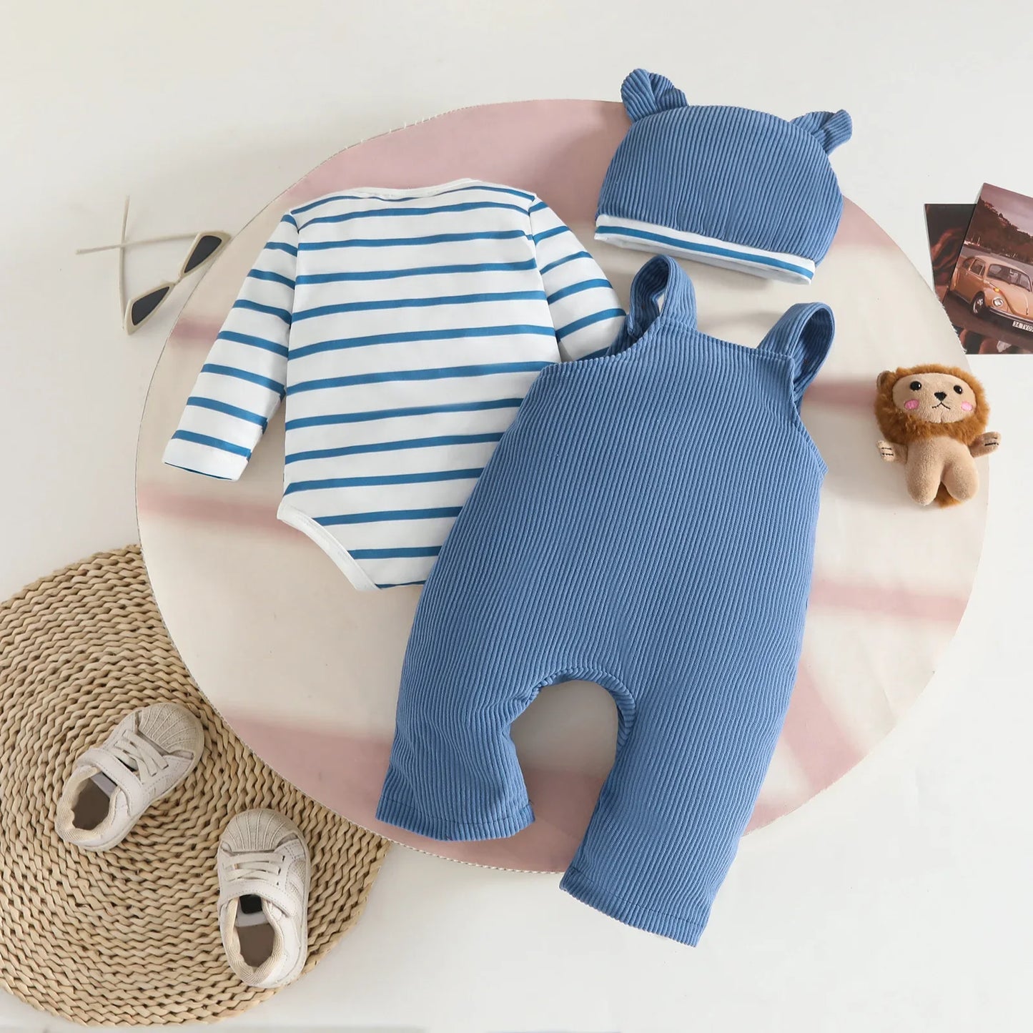 New Born Baby Clothes 0-18M Baby Boy Girls 3Pcs Outfit Sets Striped Cotton Bodysuit and Corduroy Cartoon Overalls Hat Daily Wear