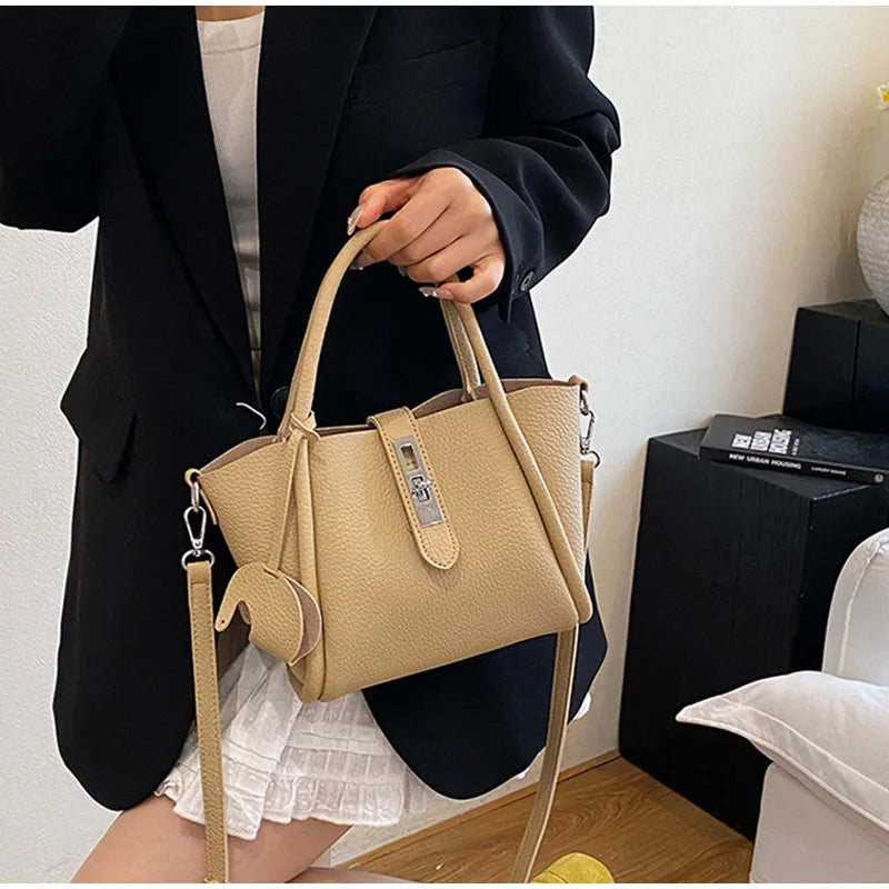 Women Handheld Bucket Bag New Trendy Versatile Bag Highend Exquisite Hardware Buckle Shoulder Bag With Pendant Crossbody Bag