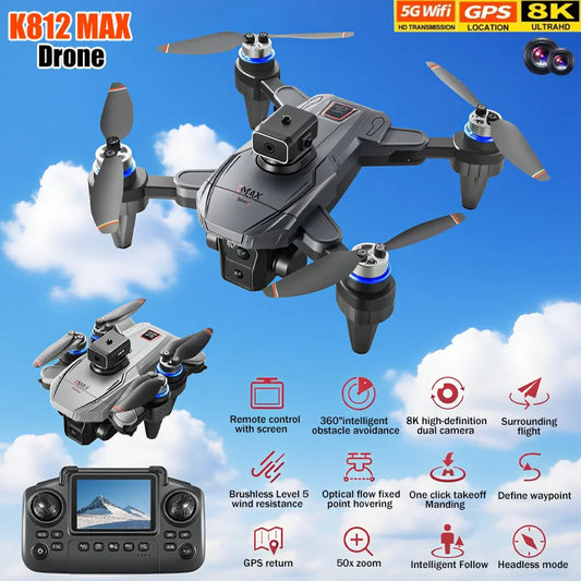 2025 New K812 MAX Drones With Screen 8K HD Aerial Photography GPS 5G Wifi Dual Camera Foldable Quadcopter RC Toys For Kids Gifts