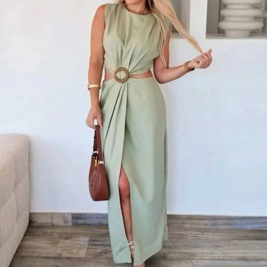 Women's Clothing Temperament Party Long Dress Hollow Design High Waist Summer Dress Elegant Solid Color Slim Office A-line Dress