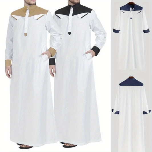 Muslim Southeast Asian Men's Clothing, Color-blocked Stand-collar Robes, Loose-fit Middle Eastern Robes Are Super Fashionable.