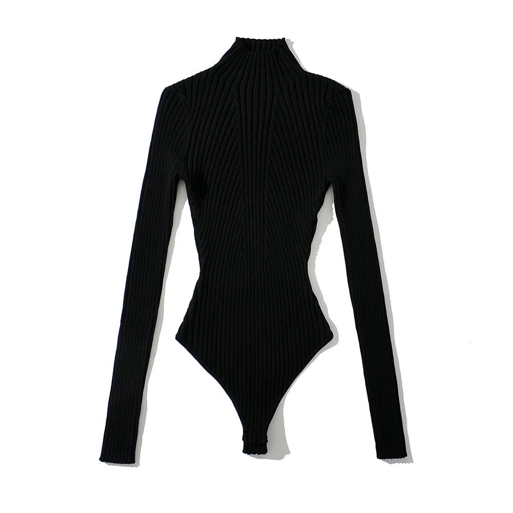 Women's Sexy Clothing Tops Stereo Texture Knit Solid Pullover High Collar Bodysuit Knitted High Strecth Jumpsuit Top