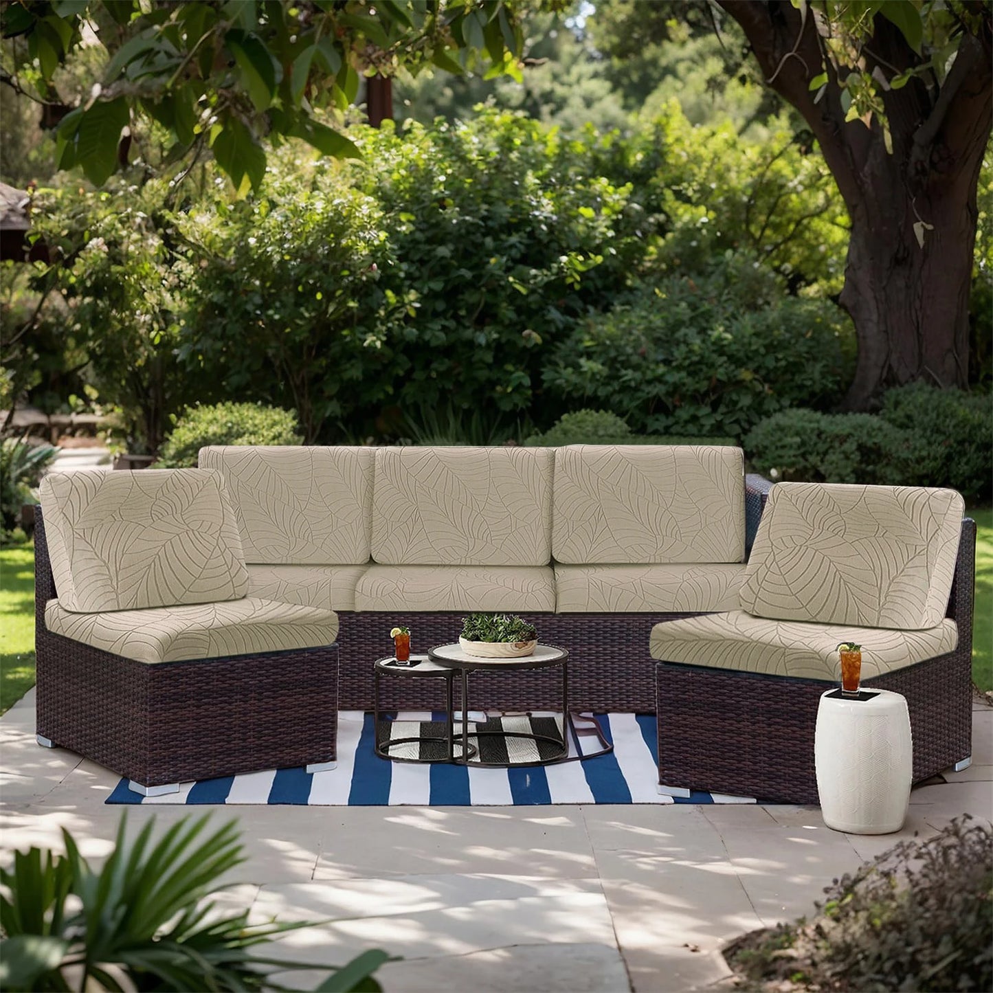 Leaf Pattern Jacquard Sofa Cushion Cover Elastic Patio Sofa Covers Outdoor Non-Slip Individual Sofa Protector Garden