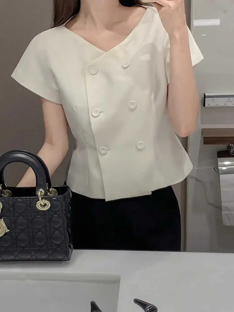 Clothland Women Stylish White Black Blouse Double Breasted Short Sleeve V Neck Shirt Office Wear Tops Mujer DA597