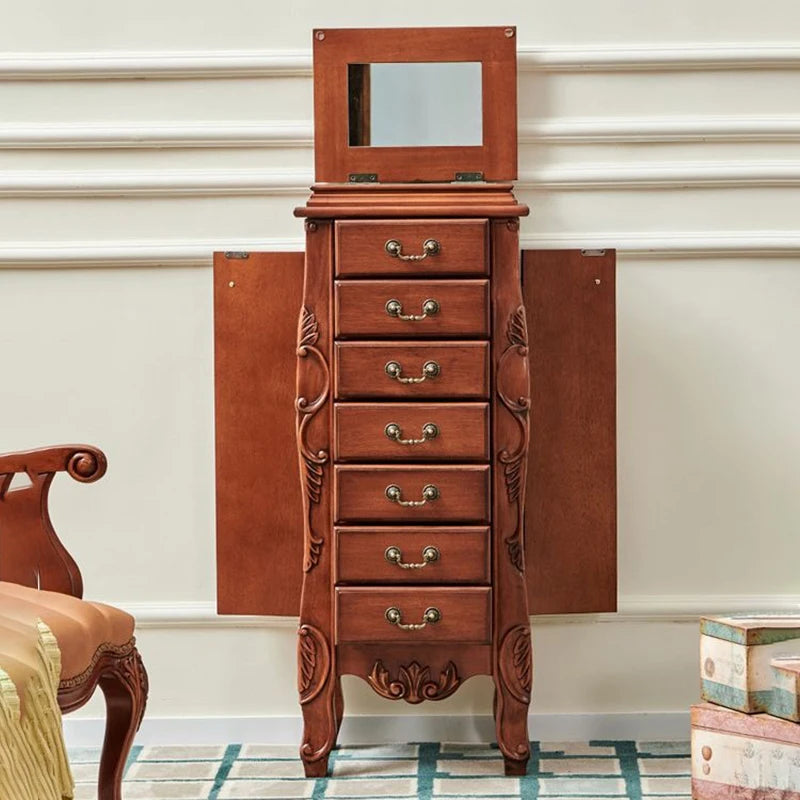 Solid Wood Storage Jewelry Cabinet Mirror Organizer Living Room Drawers Jewelry Cabinet Bucket Retro Luxury Bedroom Furniture