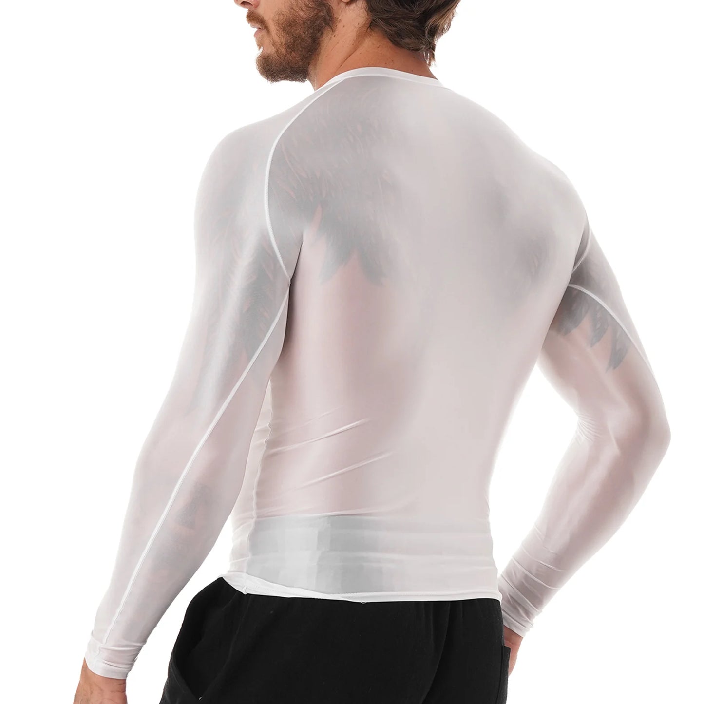 Men's Clothing Glossy O Neck Long Sleeve T-shirt Solid Color Slim Fit Breathable Shirt Tops Gym Jogging Yoga Sportwear