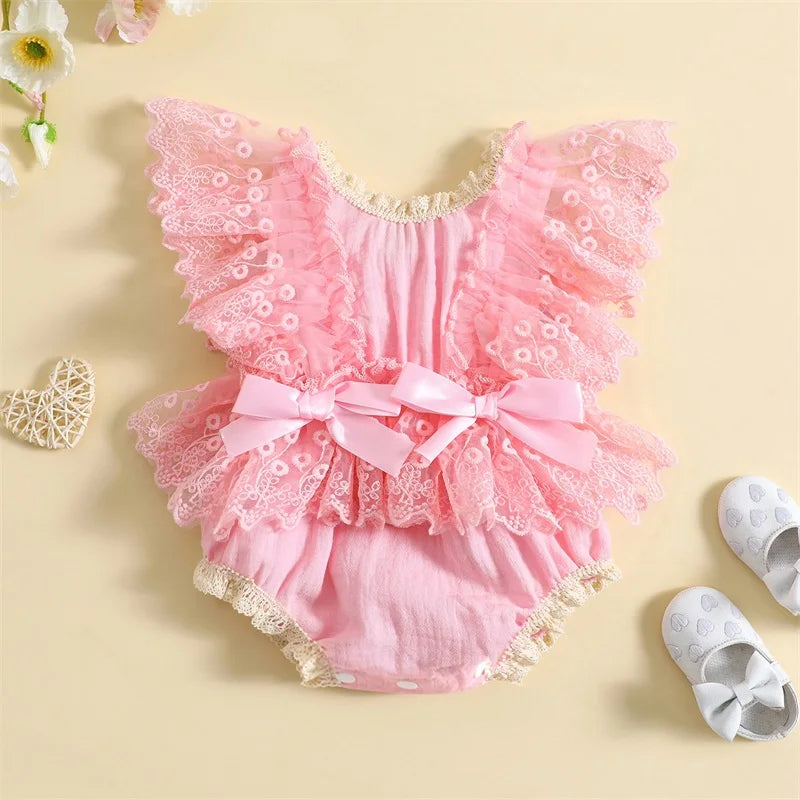 0-18Months Newborn Infant Baby Girl Floral Lace Bodysuits Summer Cute Bow Ruffles Flying Sleeves Rompers Clothes