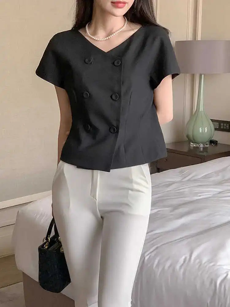 Clothland Women Stylish White Black Blouse Double Breasted Short Sleeve V Neck Shirt Office Wear Tops Mujer DA597