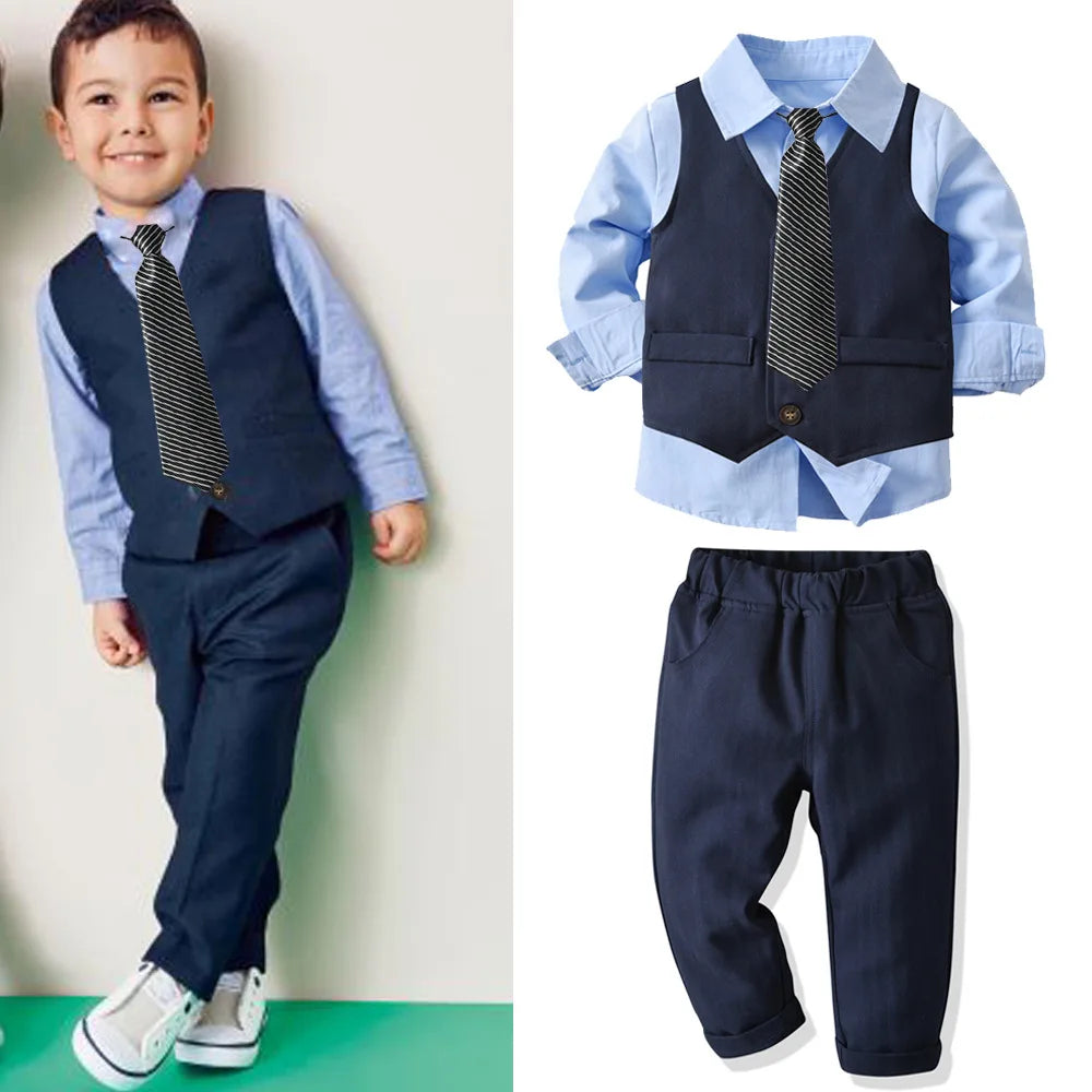 Baby boy's clothing spring and autumn gentleman's birthday suit newborn party dress soft cotton vest + shirt + pants baby 4-piec