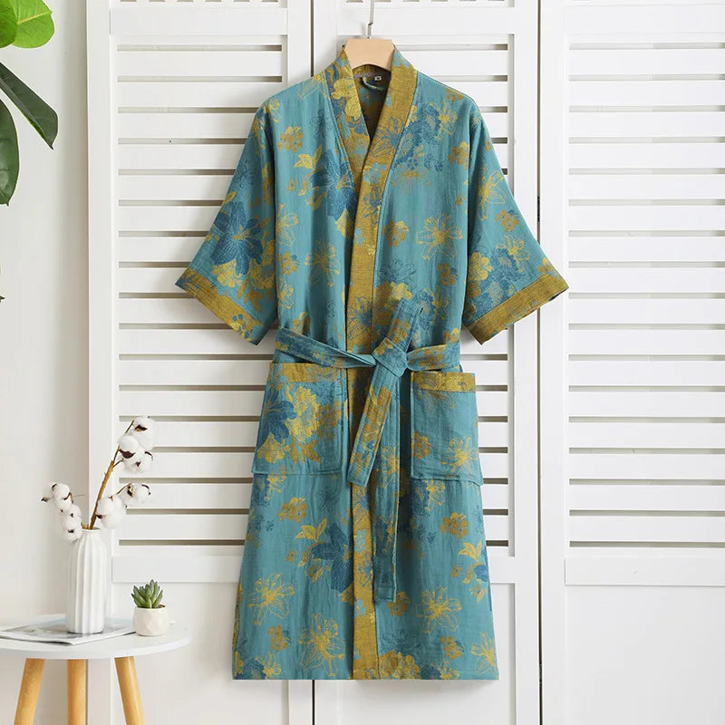 New 100% Cotton Lady's Bathroom Robe Printed Nightgown Style Pure Cotton Double-Layer Gauze Comfortable Dressing Gown for Women