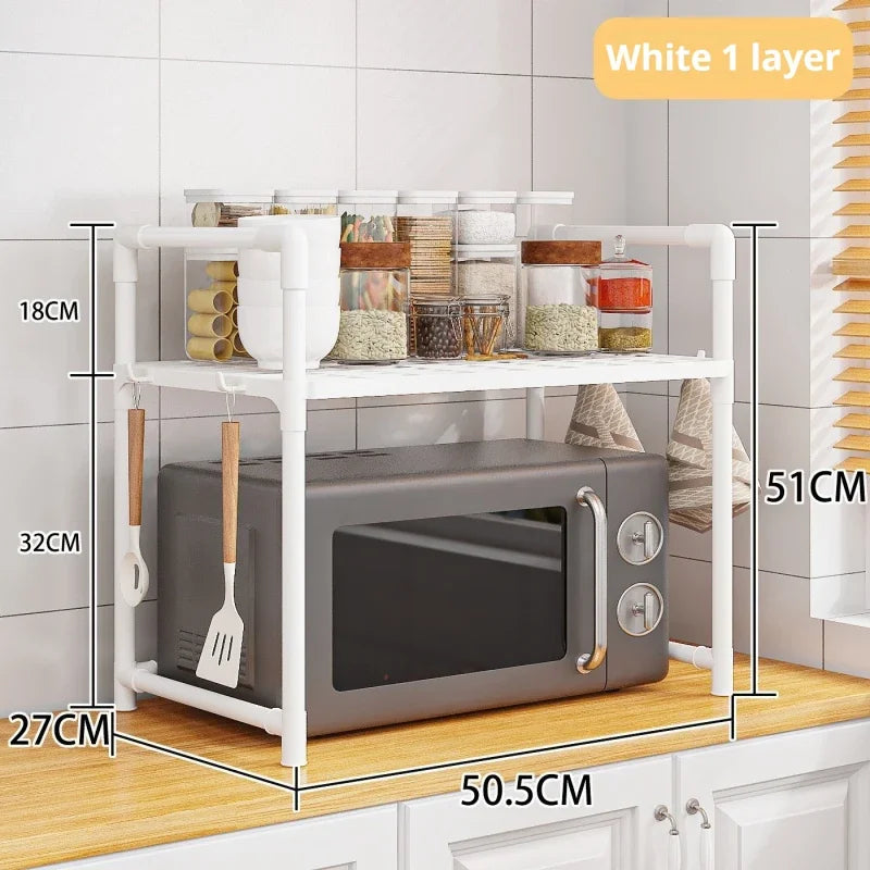 Kitchen Microwave Storage Rack Bilayer Oven Elevated Design Shelves Multi-Layer Condiment Organizer Shelf Kitchen Accessories