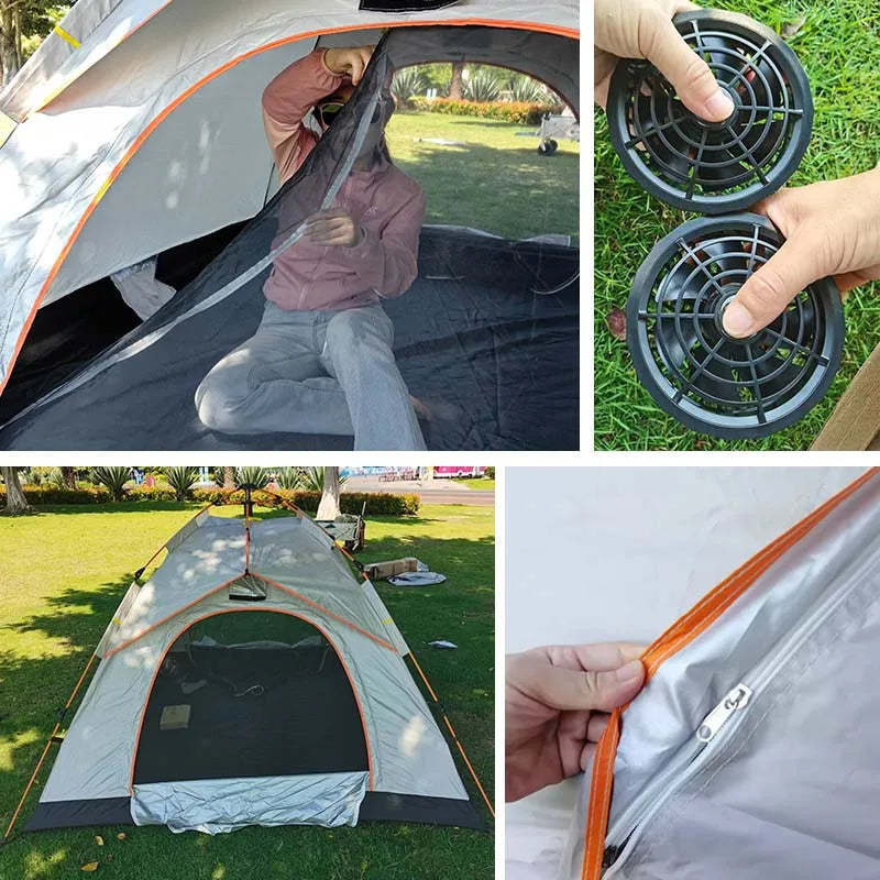 4 Person Ventilated Camping Tent with USB Air Fan Mesh Door Automatic Setup Easy Pop Up Family Tent for Outdoor Hiking Traveling