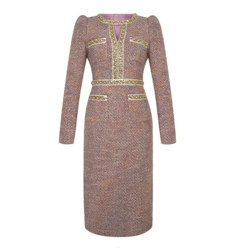 Women Clothes Vintage Luxury Tweed  Formal Dress Female Elegant Fashion Business Party Vestidos Hollow Diamond Professional Robe