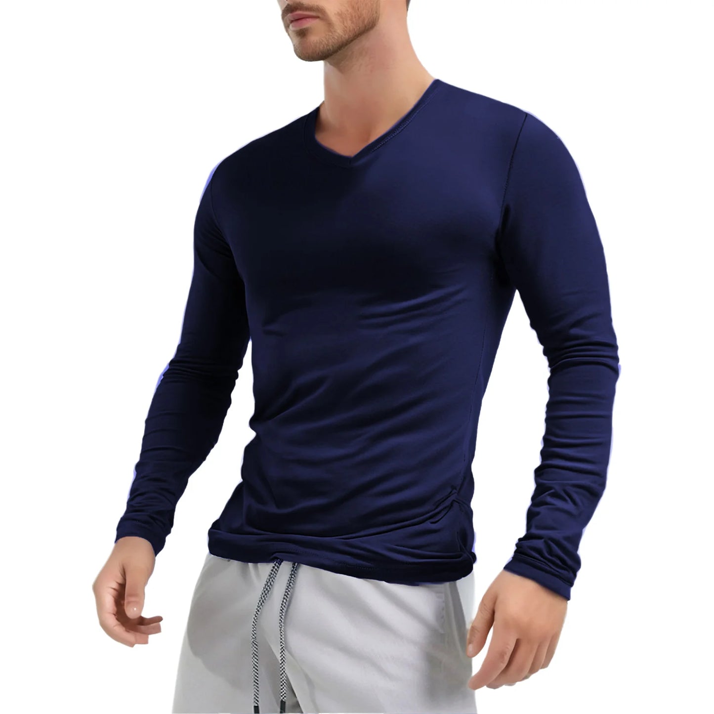 Men's Clothing Fashion V Neck Slim Fit T-shirt Tops Long Sleeve Slim Fit Undershirt Casual Solid Color Long Sleeve Tees Tops