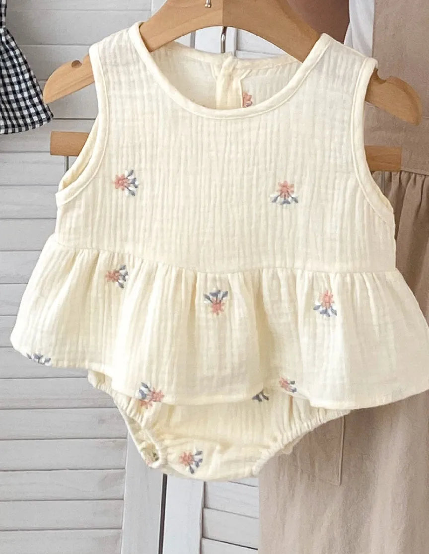 New Summer Baby Girl's Clothing Set Embroidered Floral Tee And Bloomer 2Pcs Suit Toddler Breathable Cotton Linen Plaid Outfit