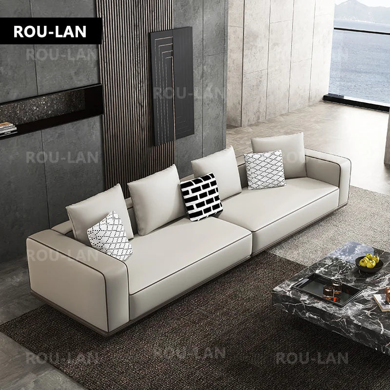 Modern Simple Leather Sofa Living Room Modern Large Flat Floor Large Household Type First Layer Cowhide Inline Tofu Block Sofa