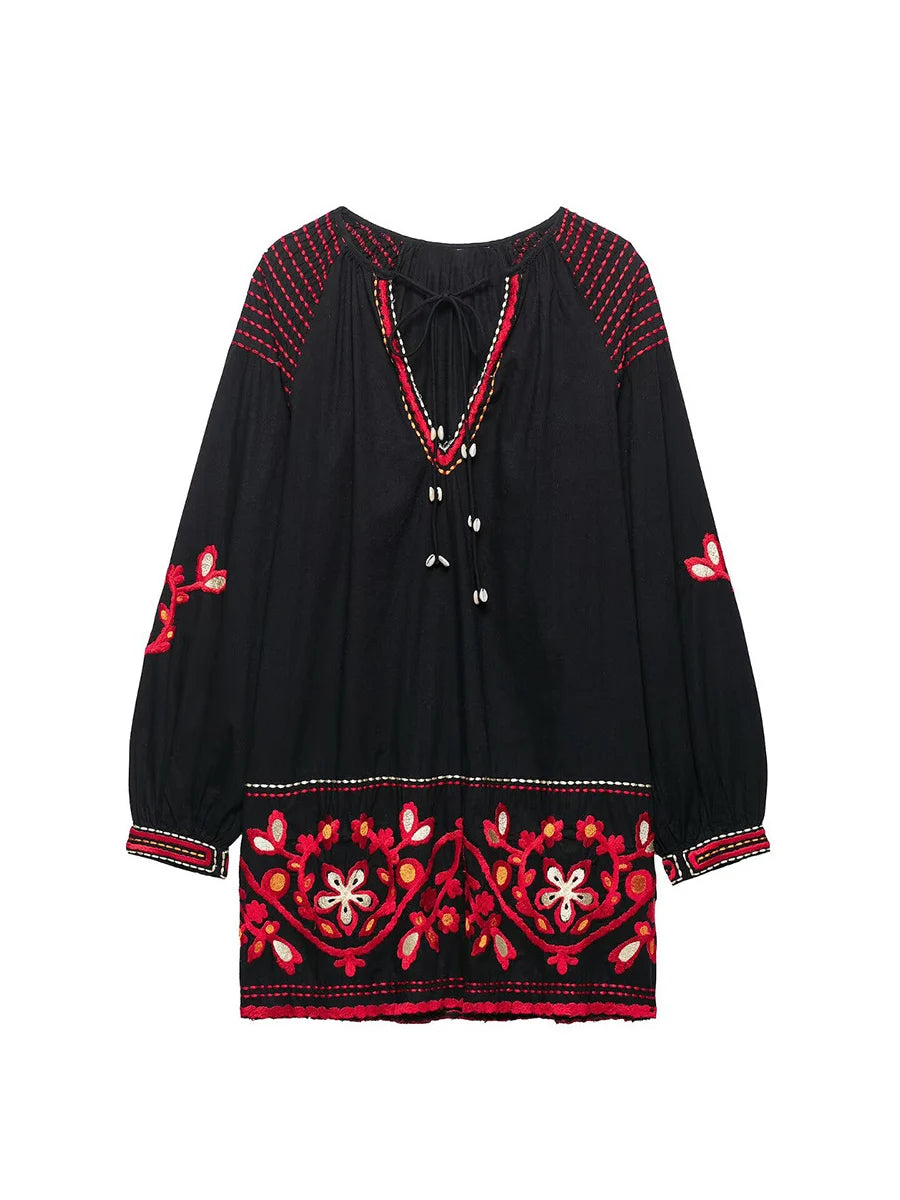 Women's clothing 2025 summer new ethnic loose retro style embroidered short dress