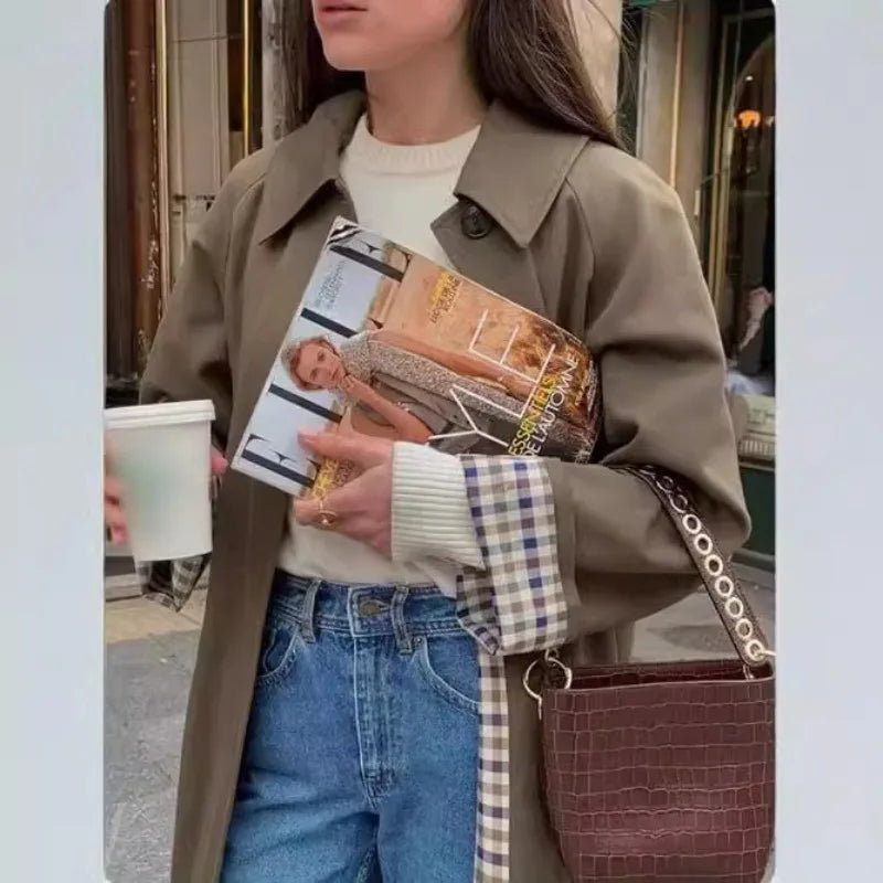 Women's clothing Long style Buttons Coat Outerwear New style Turn-down collar Loose fit Chic Commuter Trench coat Fashionable