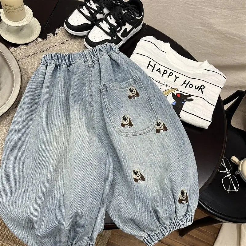 Baby Boys' Cartoon Embroidery Jeans Spring Autumn Loose Denim Pants Korean Casual Wide-leg Pants Children's Ankle-length Pants
