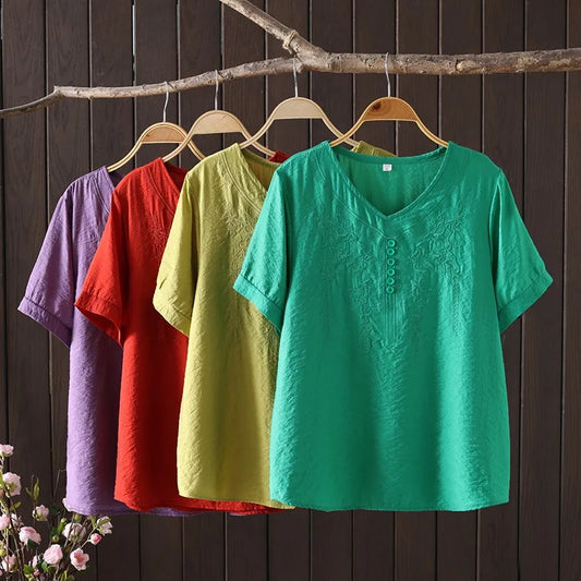 Women Clothing Streetwear Casual Fashion Elegant Cotton Linen Embroidery Vintage Clothes Tops Shirts for Women Tees