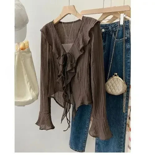 Blouses for Women Chemise Femme Women's Ruffled Flared Shirts Blusas Femininas Elegantes Y2k Tops Vintage Spring Shirt Thin Coat