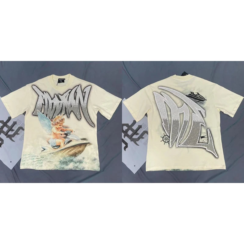 Men's Clothing MIXED EMOTION T-shirts American Streetwear Interesting Angel Print Hot Drill Letter Logo Top Tee Short Sleeve