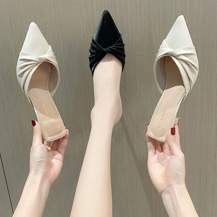 Women's Open-Toe Pointed Toe Slippers f Slippers Summer High Heel Thin Heel Outdoor Wear Korean Sle PU Material