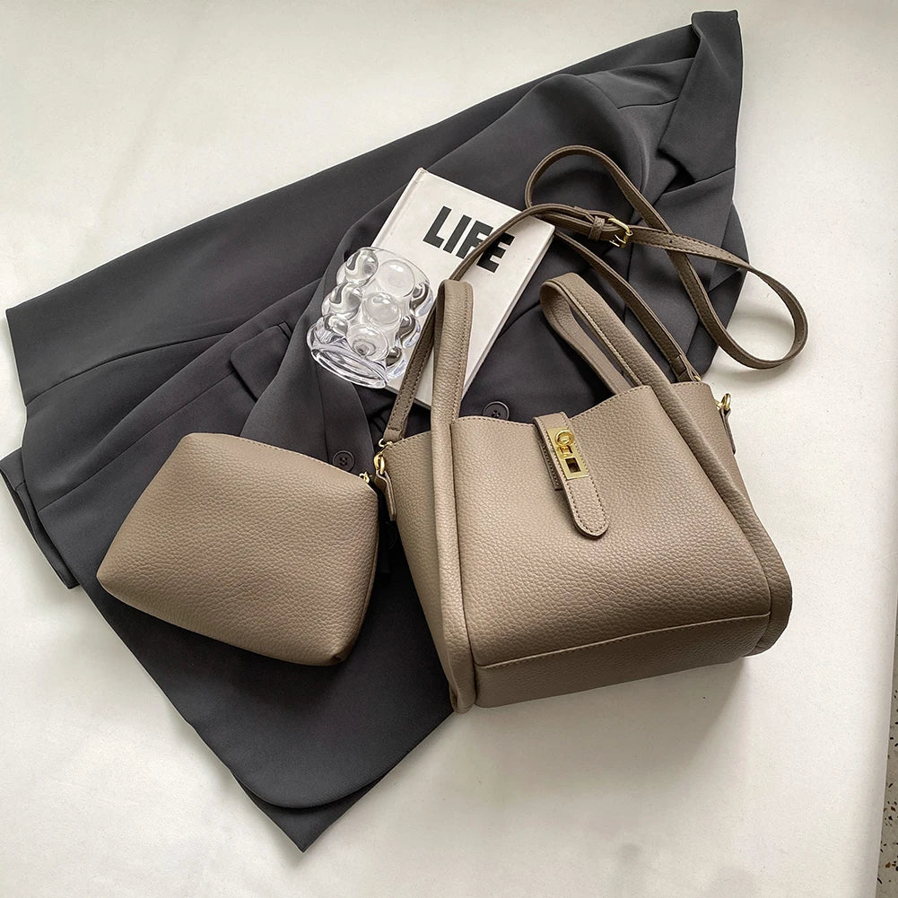 Bucket Bag for Women Magnetic Closure Shoulder Bag PU Leather with Inner Bag Crossbody Bag Solid Handbag for Work Travel