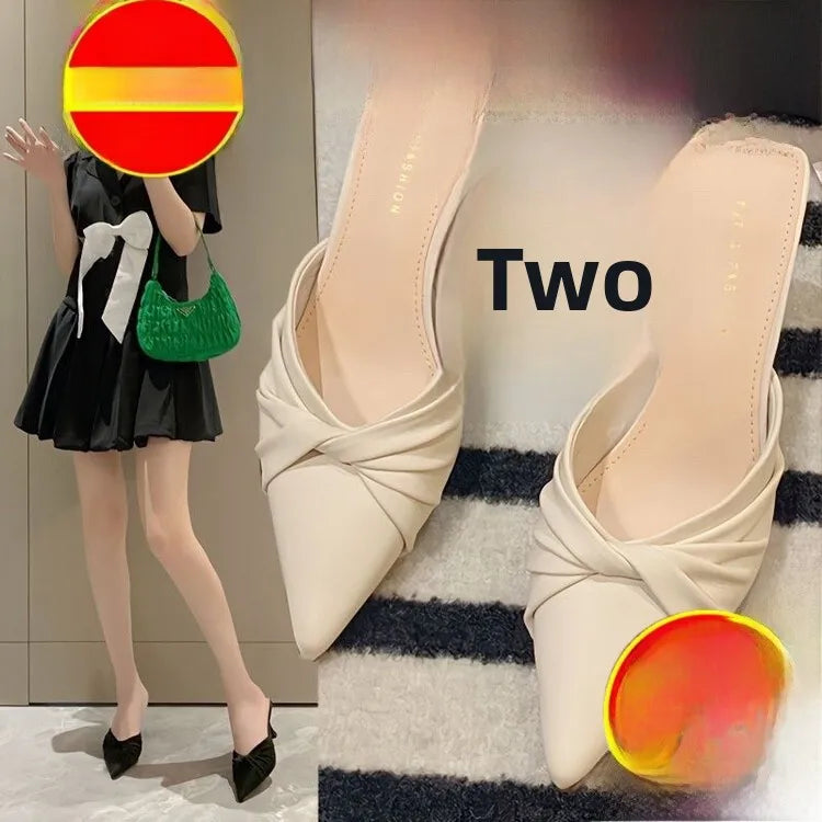 Women's Open-Toe Pointed Toe Slippers f Slippers Summer High Heel Thin Heel Outdoor Wear Korean Sle PU Material