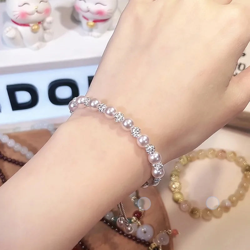 Natural Pearl Diamond Crystal Bead Bracelet Women Silver Elegant Bangle Chain