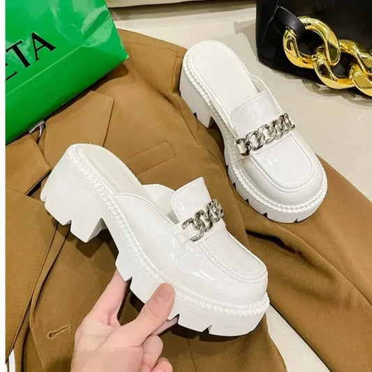 Women's Elevated Platform House Slippers Female Slides Shoes Square heel Mules Fashion Loafers Med Cover Toe Heels Luxury Fabric