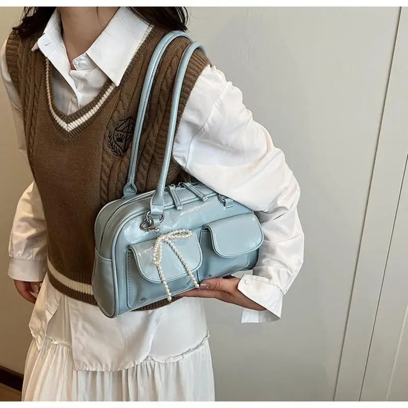 Women's Handbag with Pendant Armpit Boston Bag Fashion Cool Bowling Bags Ladies Large Capacity Shoulder Bag