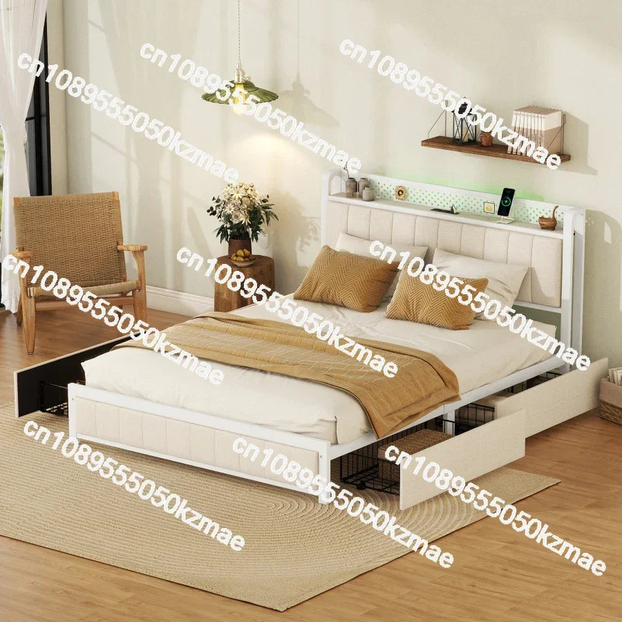 Queen Bed Frame with LED Headboard, Upholstered Bed with 4 Storage Drawers and USB Ports, Beige