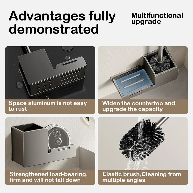 Bathroom Toilet Brush Holder Rack Hanger Space Aluminum Toilet Cleaningtool Storage Anti-Drain Design Household Cleaning Set