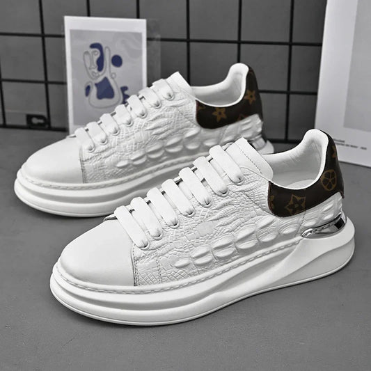 Men's Shoes 2025 Men Genuine Leather Pattern Lace-up Thick Sole Casual Sneakers Versatile Muffin Shoes Male Board Footwear