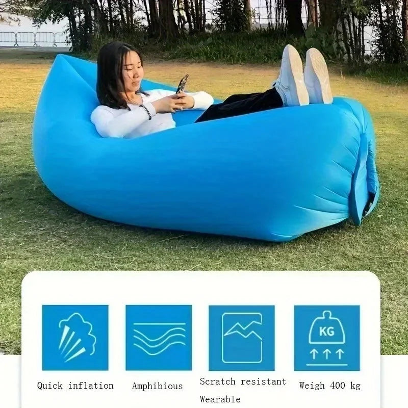 Portable Folding Single Air Sofa Outdoor Fast Inflatable Sofa Bed No Air Pump Required Beach Sleeping Bag Camping Picnic Partner