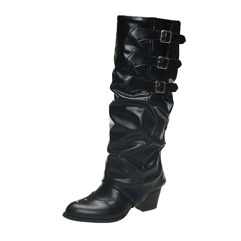 Women's Shoes 2024 High Quality Slip on Women's Boots Autumn Pointed Toe Solid Buckle Decoration Mid-Calf Mid Heel Western Boots