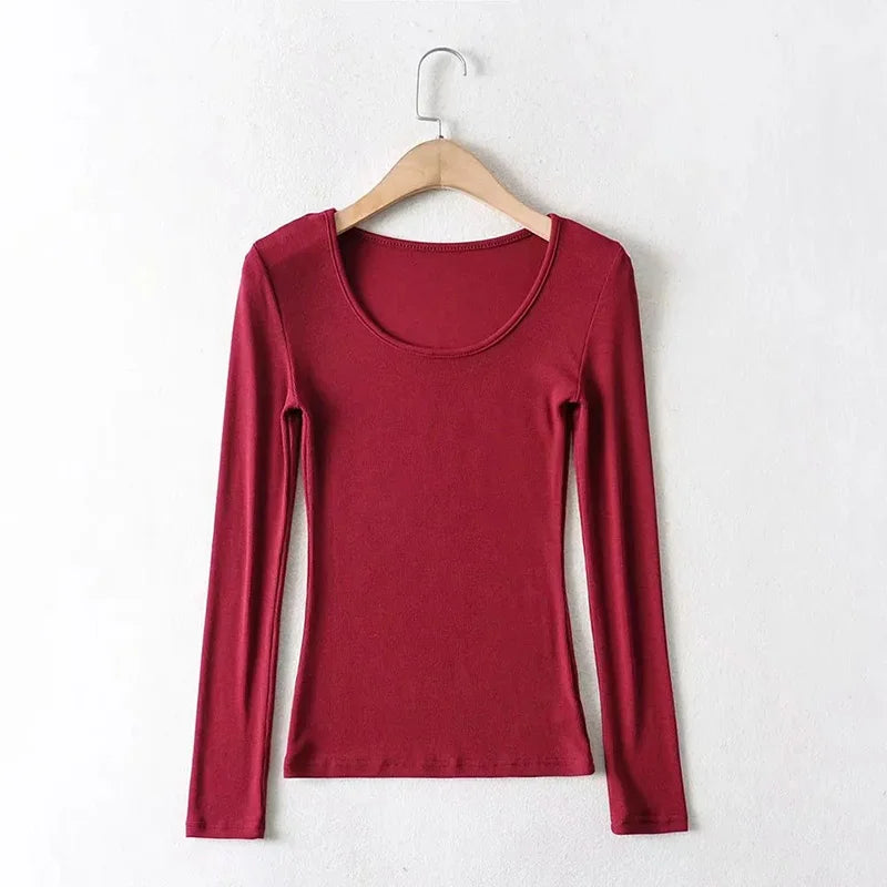 2025 Women Clothing Tops Fit Casual Elastic Cotton Solid O-neck full sleeve T-shirt