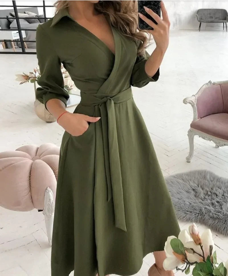 Women's Clothing Dress for Women Dress Spring Autumn Fashion Office Ruched Dress Long-sleeved V-neck Red Black Blue Bag Hip