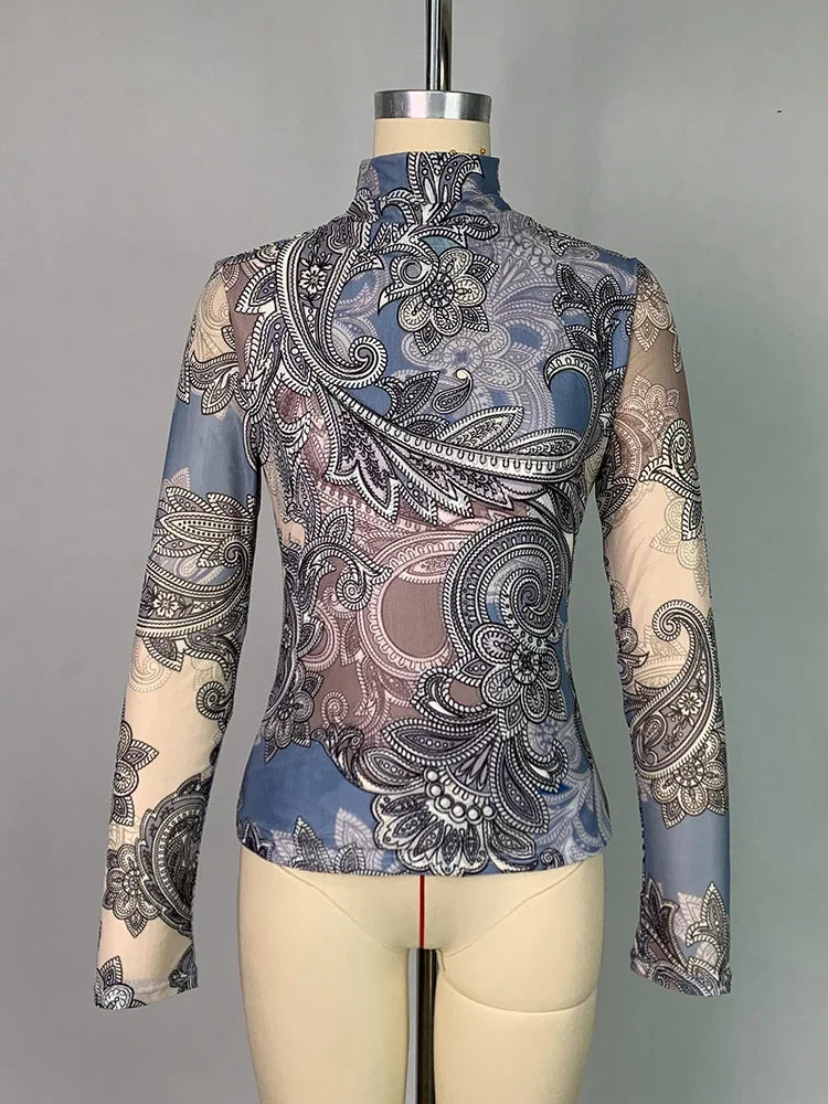 Women's Clothes High Neck T-Shirts New Flower Printed Skinny Long Sleeves Base Layer Tops for Female Autumn Winter Tops