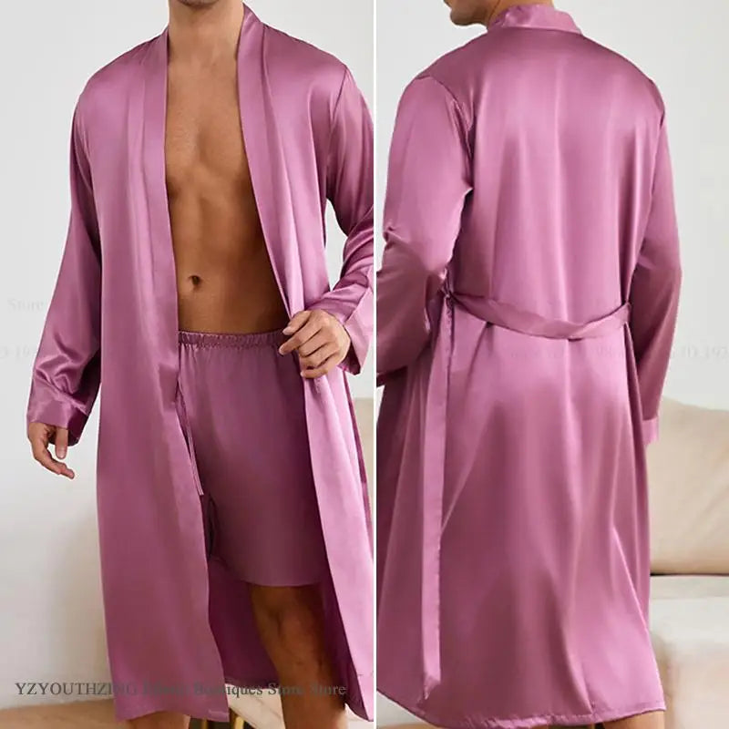 Men's Long Robe Pajama 2-Piece Set Silk Satin Kimono Bathrobe Gown Home Clothing Loose Casual Pijamas Suit Loungewear Sleepwear
