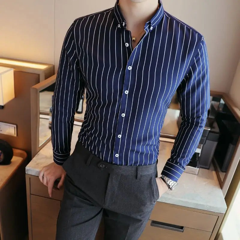 Men's Clothing Fashion British Style Striped Business Casual All Match Shirt Long Sleeve Slim No Ironing Tops Camisas De Hombre