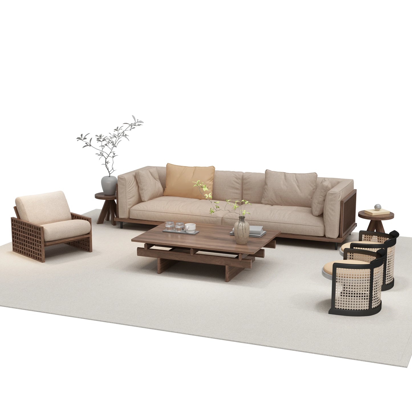 Medieval wind wabi-sabi wind leisure area straight row sofa Song's aesthetic homestay solid wood sofa