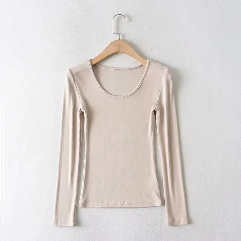 2025 Women Clothing Tops Fit Casual Elastic Cotton Solid O-neck full sleeve T-shirt