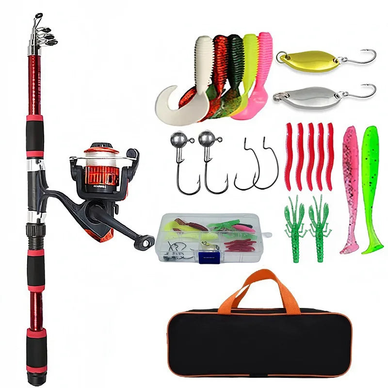 Fishing Pole Set Full Kits With Telescopic Fishing Rod And Spinning Reel Baits Hooks Travel Pole Set  Bait, hook, tackle set